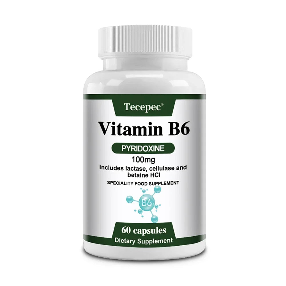 Vitamin B6 Capsules - Brain Function & Memory, Concentration, Cardiovascular, Skin, Hair, Immune, Non-GMO, Dietary Supplement