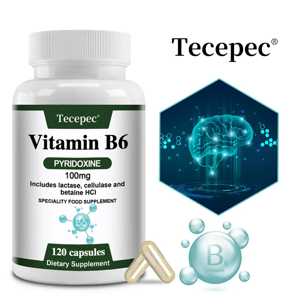 Vitamin B6 Capsules - Brain Function & Memory, Concentration, Cardiovascular, Skin, Hair, Immune, Non-GMO, Dietary Supplement
