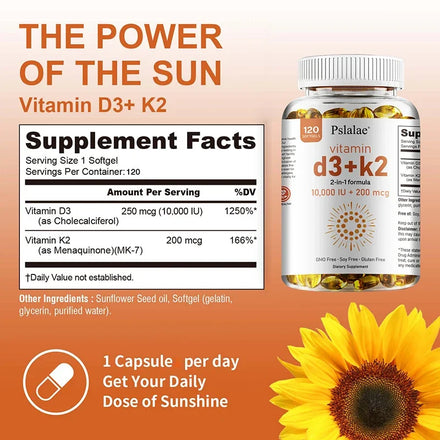 Vitamin D3 10000 IU with K2 200 Mcg, 120 Soft-Gels | 2 in 1 Immune Support, Healthy Muscle Function and Bone Health