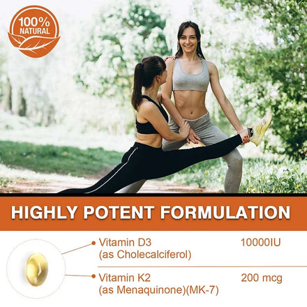 Vitamin D3 10000 IU with K2 200 Mcg, 120 Soft-Gels | 2 in 1 Immune Support, Healthy Muscle Function and Bone Health