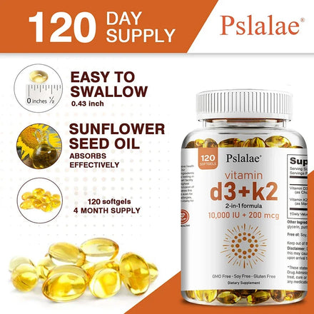 Vitamin D3 10000 IU with K2 200 Mcg, 120 Soft-Gels | 2 in 1 Immune Support, Healthy Muscle Function and Bone Health