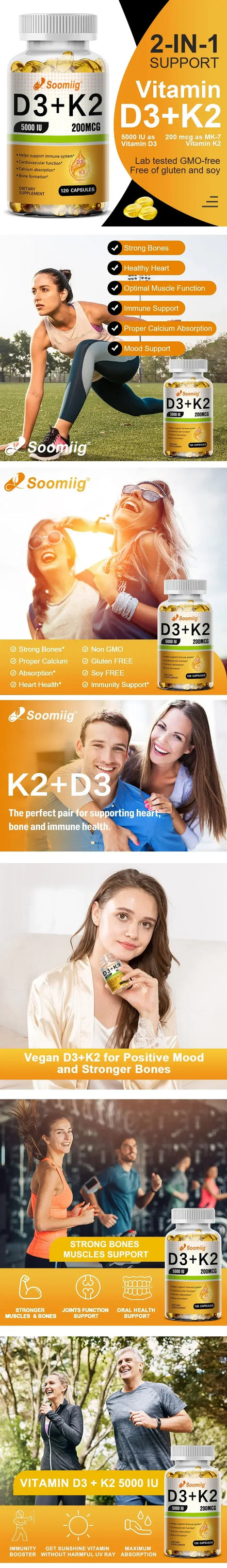 Vitamin D3 5000IU and 200 Mcg Vitamin K2 (MK-7) Capsules for Calcium Absorption, Bone Regeneration, Immune Support, Easy To Melt