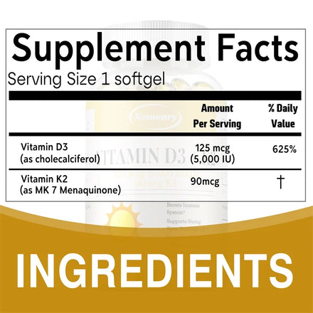 Vitamin D3 + K2 - Supports Brain, Joint, Bone and Heart Health, Promotes Metabolism