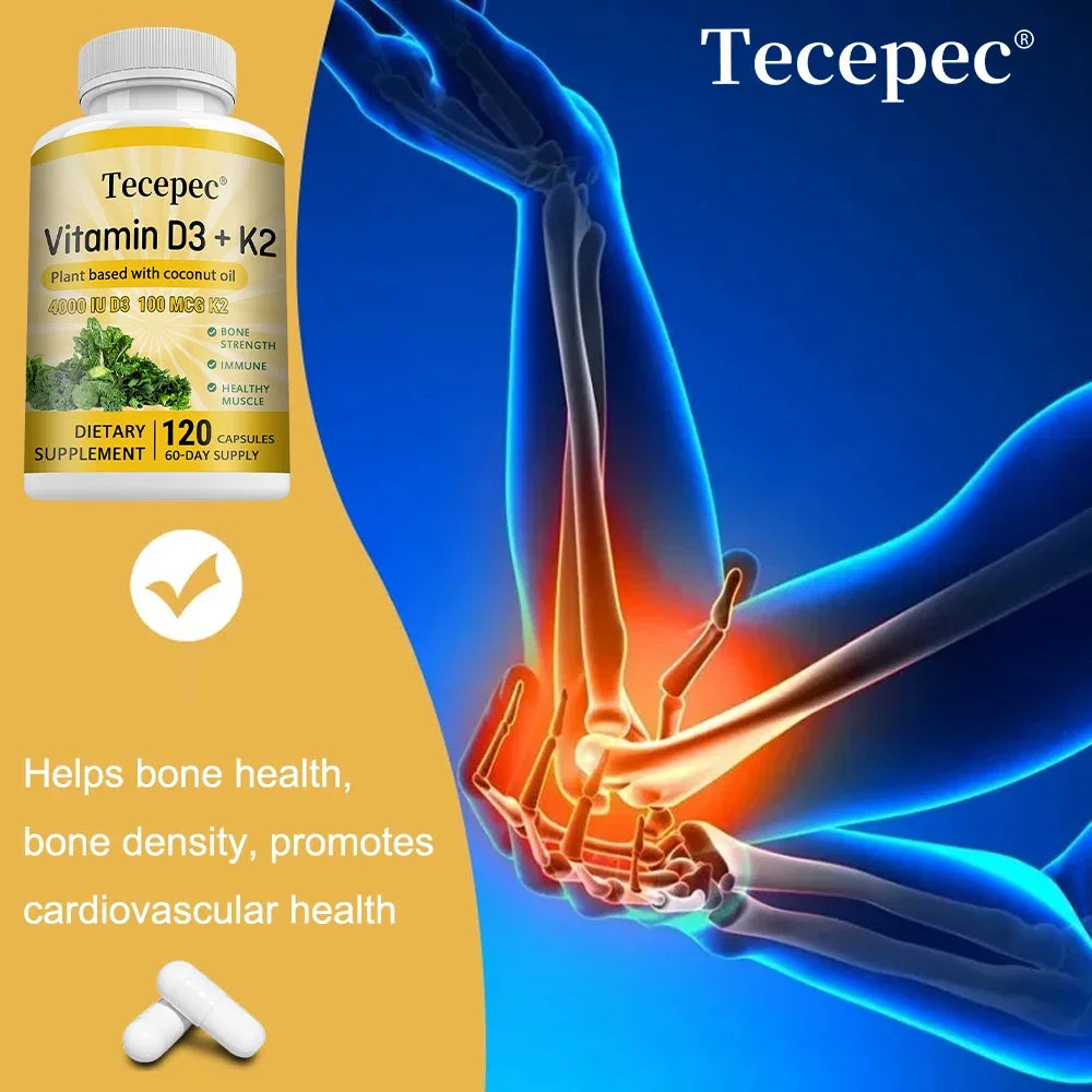 Vitamin D3 K2 capsules contain 4000 IU, calcium supplements help bone and muscle health, immune system support