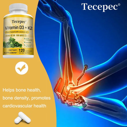 Vitamin D3 K2 capsules contain 4000 IU, calcium supplements help bone and muscle health, immune system support