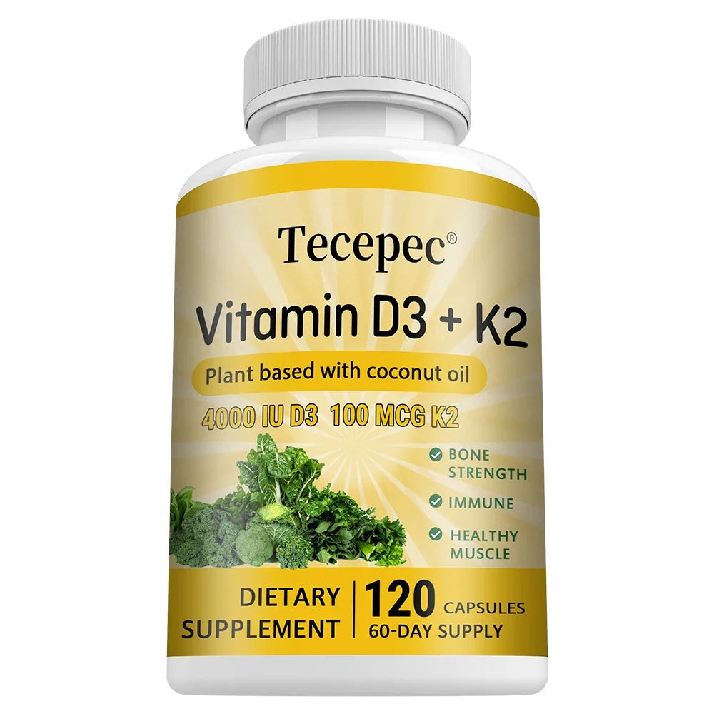 Vitamin D3 K2 capsules contain 4000 IU, calcium supplements help bone and muscle health, immune system support