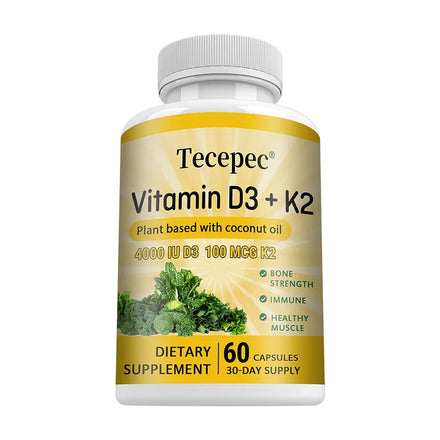 Vitamin D3 K2 capsules contain 4000 IU, calcium supplements help bone and muscle health, immune system support