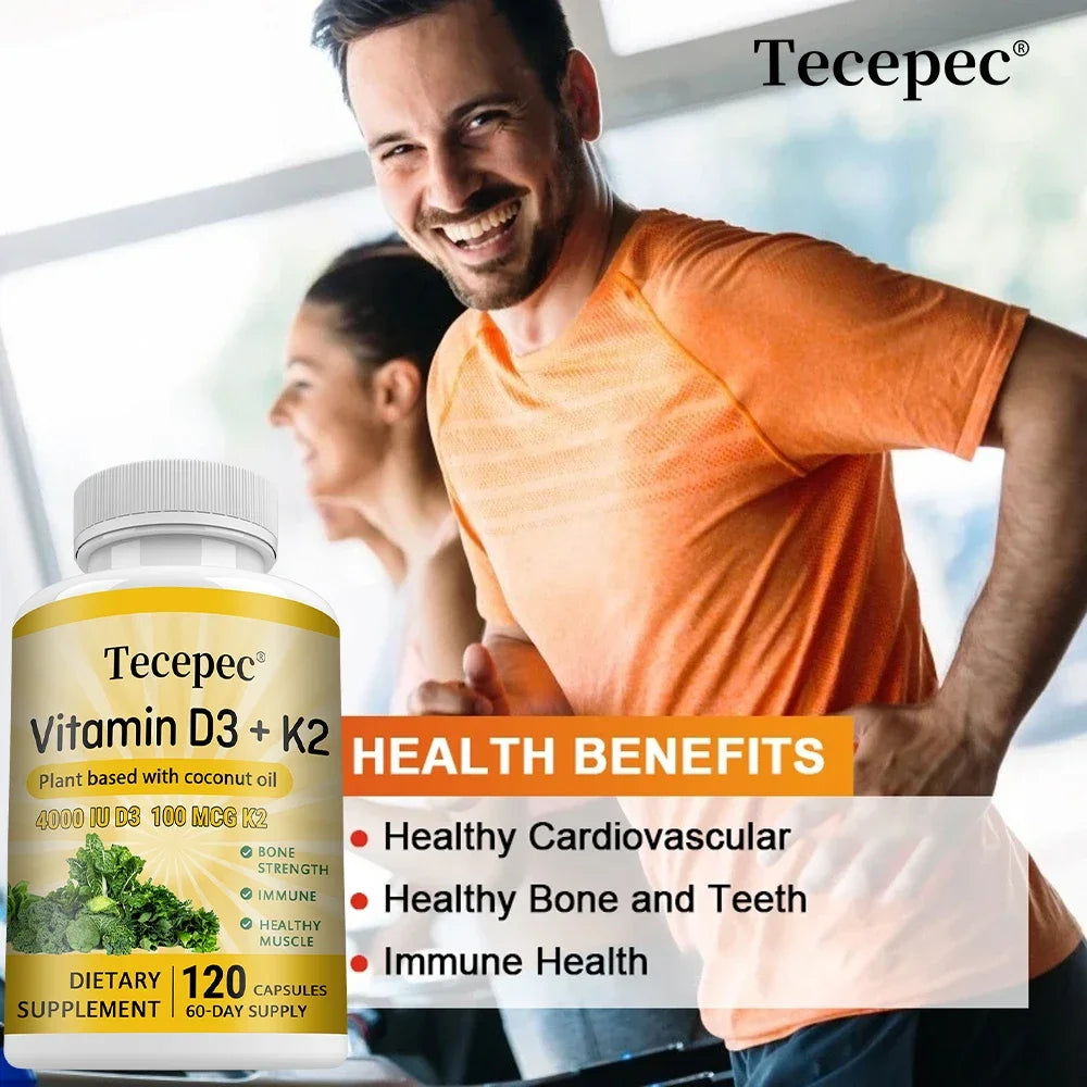 Vitamin D3 K2 capsules contain 4000 IU, calcium supplements help bone and muscle health, immune system support
