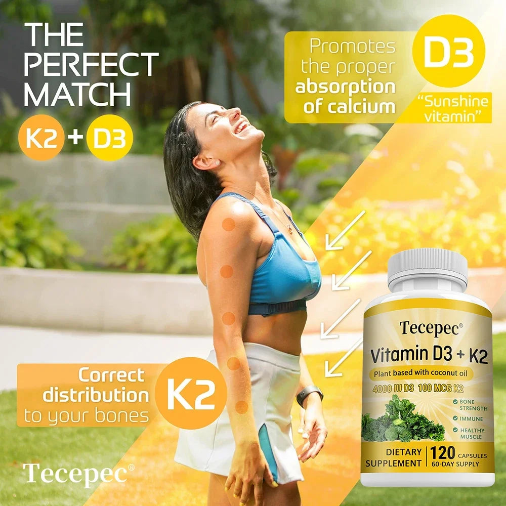 Vitamin D3 K2 capsules contain 4000 IU, calcium supplements help bone and muscle health, immune system support