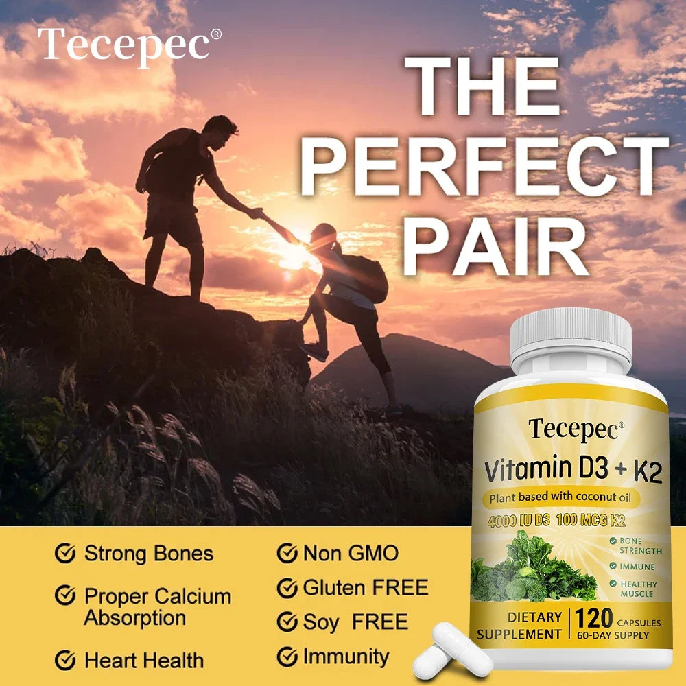 Vitamin D3 K2 capsules contain 4000 IU, calcium supplements help bone and muscle health, immune system support