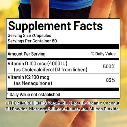 Vitamin D3 K2 capsules contain 4000 IU, calcium supplements help bone and muscle health, immune system support