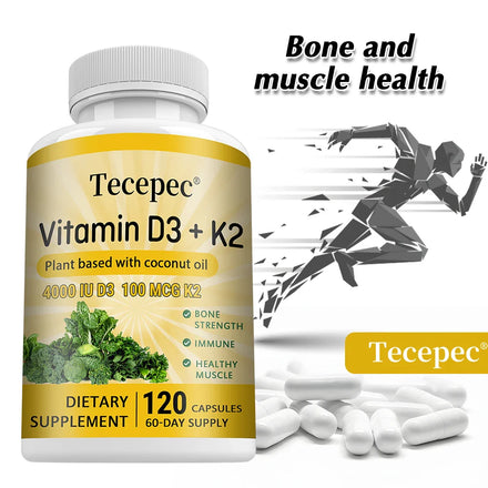 Vitamin D3 K2 capsules contain 4000 IU, calcium supplements help bone and muscle health, immune system support