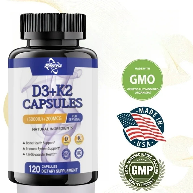 Vitamin D3+k2 5000 Iu 200 Mcg Vitamins Capsules || Non-gmo, Vegan, Nutural, Gluten-free || Supplement