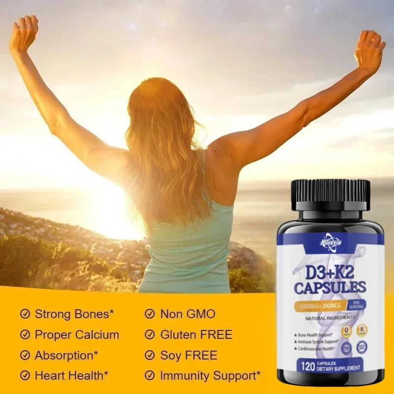 Vitamin D3+k2 5000 Iu 200 Mcg Vitamins Capsules || Non-gmo, Vegan, Nutural, Gluten-free || Supplement