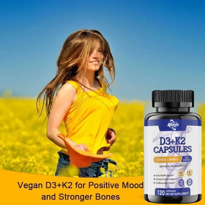 Vitamin D3+k2 5000 Iu 200 Mcg Vitamins Capsules || Non-gmo, Vegan, Nutural, Gluten-free || Supplement