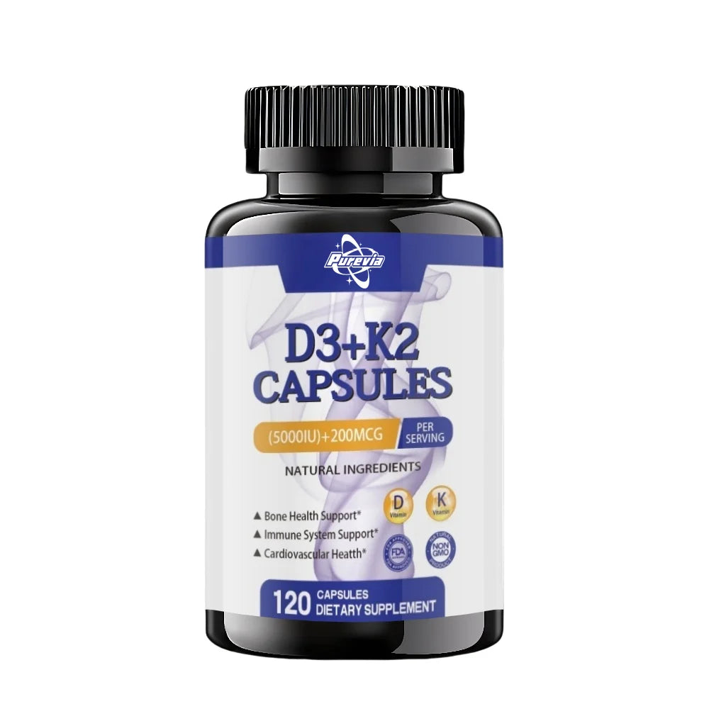 Vitamin D3+k2 5000 Iu 200 Mcg Vitamins Capsules || Non-gmo, Vegan, Nutural, Gluten-free || Supplement