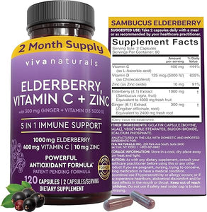 Viva Naturals Elderberry with Vitamin C and Zinc for Adults - 5 in 1 Sambucus Black Elderberry Capsules with Vitamin D3 5000 IU, Elderberries Immune Support Supplement 2 Months Supply Pills in Pakistan