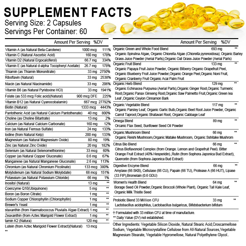 Whole Food Multivitamin Minerals Capsules Zinc & Vitamin D3K2 Improve Immunity Healthy Hair & Skin & Nails for Women
