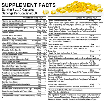 Whole Food Multivitamin Minerals Capsules Zinc & Vitamin D3K2 Improve Immunity Healthy Hair & Skin & Nails for Women