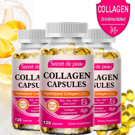 3 Bottles Hydrolyzed Collagen Capsule Support Skin Brightening&Joint&Hair&Nails Anti-aging Firming Skin Care Collagen Supplement