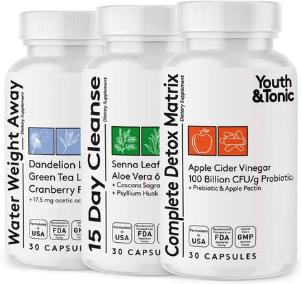 3pk Detox Cleanse Kick Off Weight Management | Colon Cleanser + Water Loss Pills w Dandelion + ACV Full Body Detox + Probiotics | Flat Stomach & Waist Line Reduction|Restart Metabolism Bloating Relief