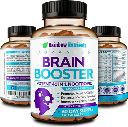 41 In 1 Brain Booster Supplement for Focus, Memory, Clarity, Energy, Concentration | Natural Nootropics Brain Support Supplement with DMAE, Bacopa Monnieri & More | For Men & Women | 120 V Capsules
