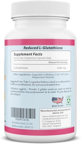 L Glutathione Skin Lightening Brightening Pills 1000 mg Antioxidant Anti Aging to Support Liver Health & Detox Help Immune & Brain Function Reduce Free Radical Damage Vegan 60 Capsules