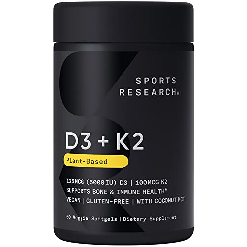 Sports Research Vitamin D3 + K2 with 5000iu of Plant-Based D3 & 100mcg of Vitamin K2 as MK-7 Non-GMO Verified & Vegan Certified,Softgel (60ct) in Pakistan