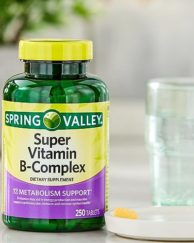 Spring Valley Super Vitamin B-Complex Tablets with Vitamins B6, B12, C, Thiamine, Biotin, Folate, Pantothenic Acid- Metabolism Support, Energy Boost, and Holistic Well-Being - 250 Count