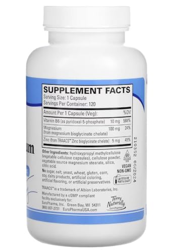 Terry Naturally BioActive Magnesium Complex - 120 Capsules - with Vitamin B6 & Zinc - Non-GMO, Vegan, Gluten Free, Kosher - 120 Servings