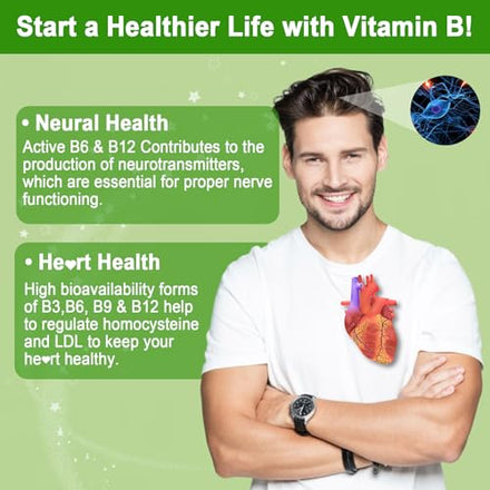 Sugar Free Vitamin B Complex with Methyl B12, MethylFolate, B6, B1, B2, B3, Fast Dissolve Highly Bioavailable Methylated B Complex Supplement for Energy Levels, Neural System, Heart, Vegan,180 Tablets