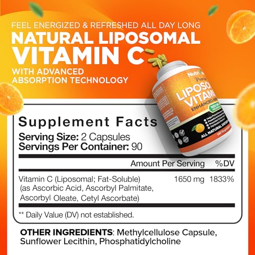 Nutrivein Liposomal Vitamin C 1650mg - 180 Capsules - High Absorption Ascorbic Acid - Supports Immune System & Collagen Booster - Powerful Antioxidant