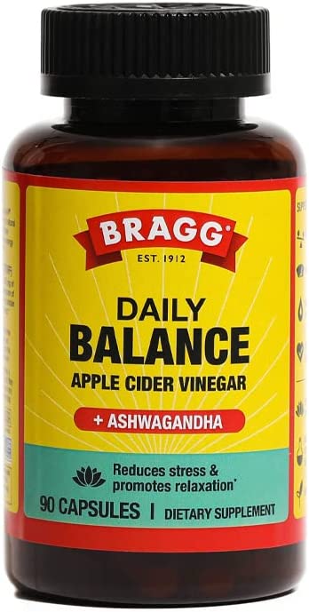 Bragg Daily Balance Apple Cider Vinegar and Sensoril Ashwagandha Capsules - 750mg of Acetic Acid – Energy & Weight Management Support - Natural Everyday Stress Relief and Mood Enhancer - (90 Pills)