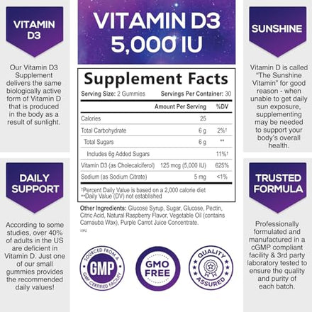 Vitamin D3 Gummy Vitamins Extra Strength 5000 IU (125 mcg) High Potency Vita D Gummies Dietary Supplement - Bone, Teeth, Muscle & Immune Support, Nature's Vitamin D Supplement, Non-GMO - 60 Gummies