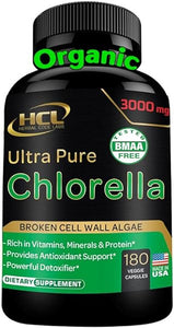Chlorella Capsules Organic 3000 mg - Cracked Cell Wall Blue Green Algae Supplement - Best Natural Detox Cleanse - Plant Vitamins Minerals Chlorophyll Vegan Protein Powder Pills - Made in USA in Pakistan