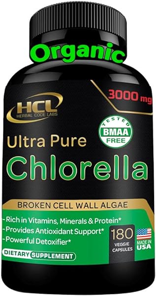 Chlorella Capsules Organic 3000 mg - Cracked Cell Wall Blue Green Algae Supplement - Best Natural Detox Cleanse - Plant Vitamins Minerals Chlorophyll Vegan Protein Powder Pills - Made in USA in Pakistan