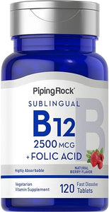 Piping Rock Vitamin B12 Sublingual 2500 mcg | 120 Tablets | Berry Flavor | with Folic Acid | Vegetarian, Non-GMO, Gluten Free Supplement in Pakistan