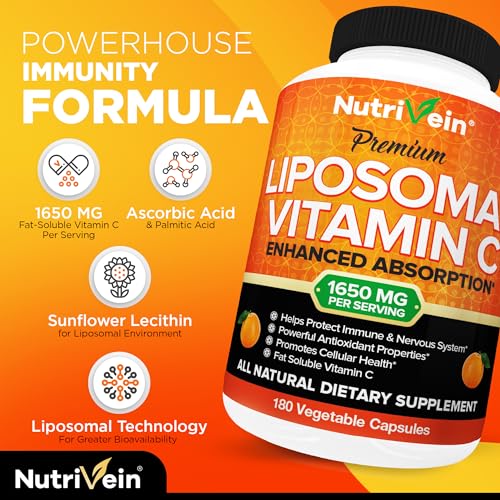 Nutrivein Liposomal Vitamin C 1650mg - 180 Capsules - High Absorption Ascorbic Acid - Supports Immune System & Collagen Booster - Powerful Antioxidant