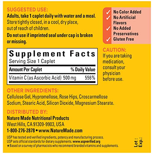 Nature Made Vitamin C 500 mg with Rose Hips, Dietary Supplement for Immune Support, 130 Caplets, 130 Day Supply
