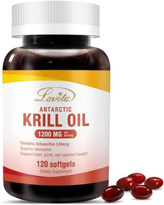 Krill Oil 1200mg with Astaxanthin, EPA, DHA, Omega-3 Supplement. Pure Natural Flavor. No Artificial addictives. Immue, Eye, Brain, Skin Support. 120 Softgels. 2 Month Supply. in Pakistan