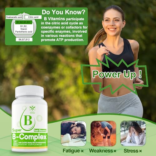 Sugar Free Vitamin B Complex with Methyl B12, MethylFolate, B6, B1, B2, B3, Fast Dissolve Highly Bioavailable Methylated B Complex Supplement for Energy Levels, Neural System, Heart, Vegan,180 Tablets