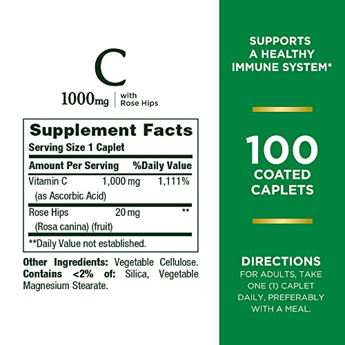 Nature's Bounty Vitamin C + Rose Hips, Immune Support, 1000mg, Coated Caplets, 100 Ct