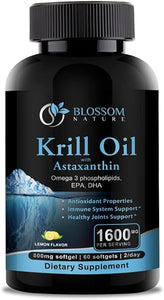 Antarctic Krill Oil 1600mg with Astaxanthin 2mg, Omega-3 320mg, Phospholipids,Fatty Acids EPA,DHA-Support Healthy Joints,Hair,Skin-800mg per Softgel, 60 Krill Oil Softgels with Lemon Flavor in Pakistan