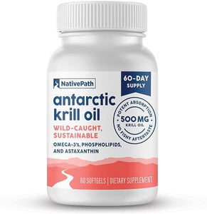NativePath Antarctic Krill Oil - Wild-Caught Omega 3 Krill Oil 500mg Softgels with EPA, DHA and Astaxanthin - Omega 3 Supplement for Joint, Heart, Brain and Immunity - 60 ct - No Fishy Aftertaste in Pakistan
