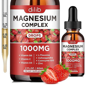 Triple Magnesium Complex Supplement, Magnesium Glycinate, Blend, Citrate Liquid Drops 1000mg with Ashwagandha, CoQ10, Vitamin B6, C, D, Zinc -Support Calm Stress Relief, Bone, Muscle, Mood Vegan