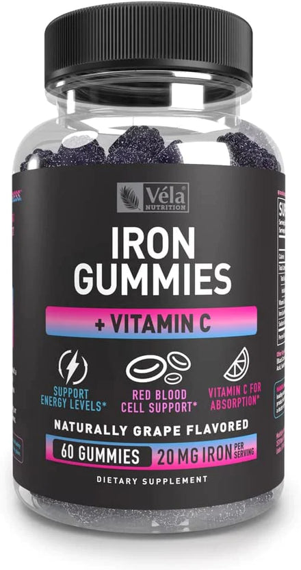 Iron Gummies with Vitamin C | Support Energy Levels, Red Blood Cells, Absorption | 20mg of Iron per Serving | Non-GMO, GMP Certified, 3rd Party Tested | 60 Count