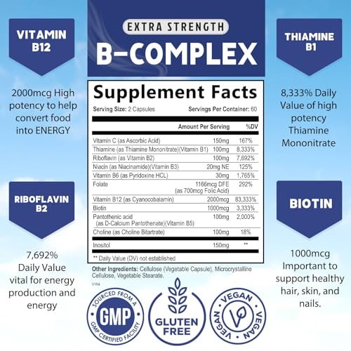 B Complex Vitamins with Vitamin C & Folic Acid - Dietary Supplement for Energy, Immune, & Brain Support - Nature's Super B Vitamin Complex for Women and Men, Made with Folate - 120 Vegetarian Capsules