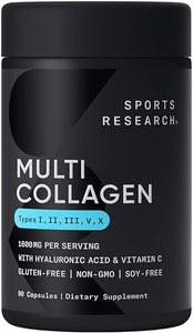 Sports Research Multi Collagen Pills (Type I, II, III, V, X) Hydrolyzed Collagen Peptides with Hyaluronic Acid + Vitamin C | Non-GMO Verified & Gluten Free - 90 Capsules in Pakistan