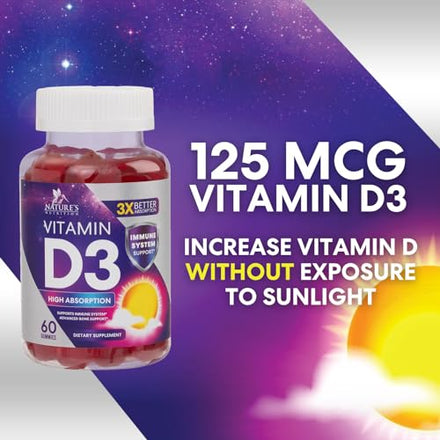 Vitamin D3 Gummy Vitamins Extra Strength 5000 IU (125 mcg) High Potency Vita D Gummies Dietary Supplement - Bone, Teeth, Muscle & Immune Support, Nature's Vitamin D Supplement, Non-GMO - 60 Gummies