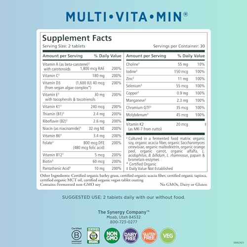 PURE SYNERGY Multi·Vita·Min | Vegan Multivitamin Made with Organic Whole Foods | Twice Daily Supplement for Men and Women | Core Nutrients for Energy, Mood, Immune, and Bone Health (60 Tablets)